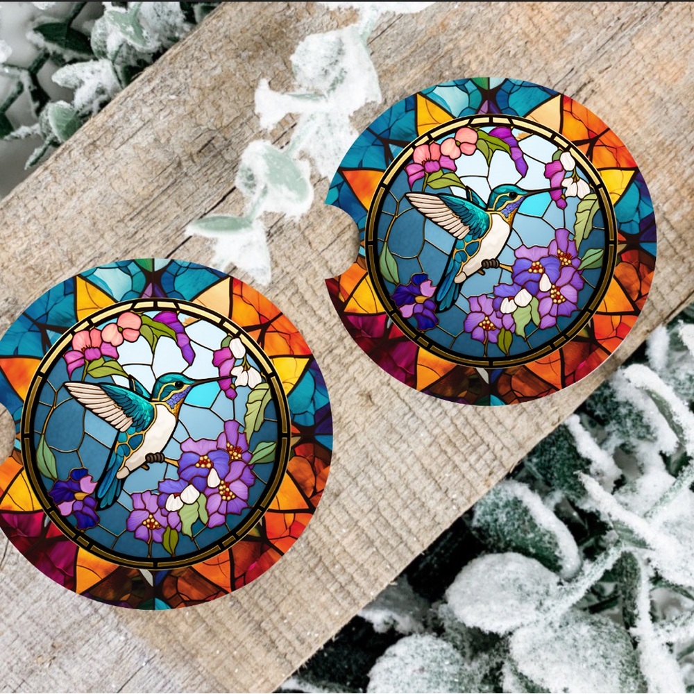 Handmade Floral Hummingbird Car Coaster | New Set Of Two Hummingbird Car Coaster